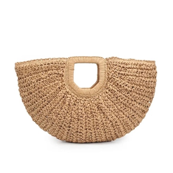 Ramla Natural Straw Half-Moon Bag With Woven Texture Wooden Handle Bohemian NEW - Picture 2 of 7